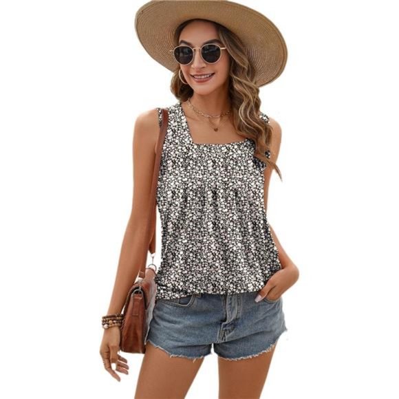 Summer Square Neck Tank Tops for Women Pleated Loose Fit Sleeveless Flowy Tops - Picture 5 of 7